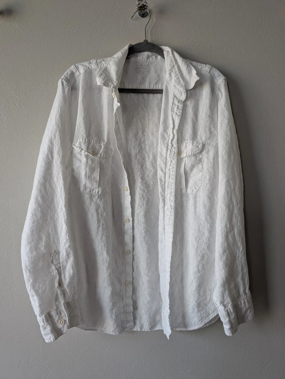 J. Crew Men's White Linen Shirt Collared Button Front Size L
